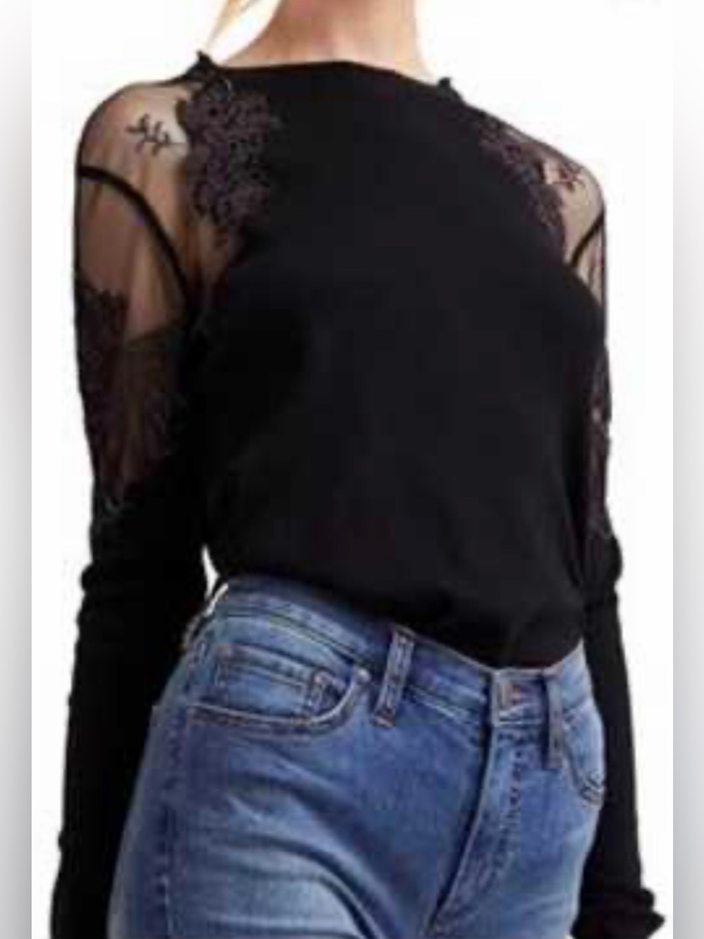 Free People Black Long-Sleeve Lace-Shoulder Top